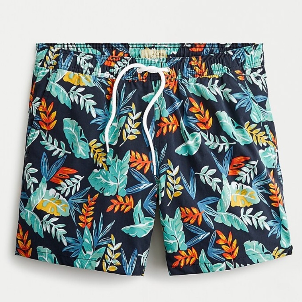 J Crew 6” eco swim trunk in tropical print navy background  Sz XL NWOT